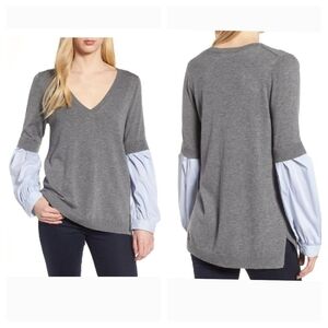 Trouve V-Neck Sweater with Striped Sleeves